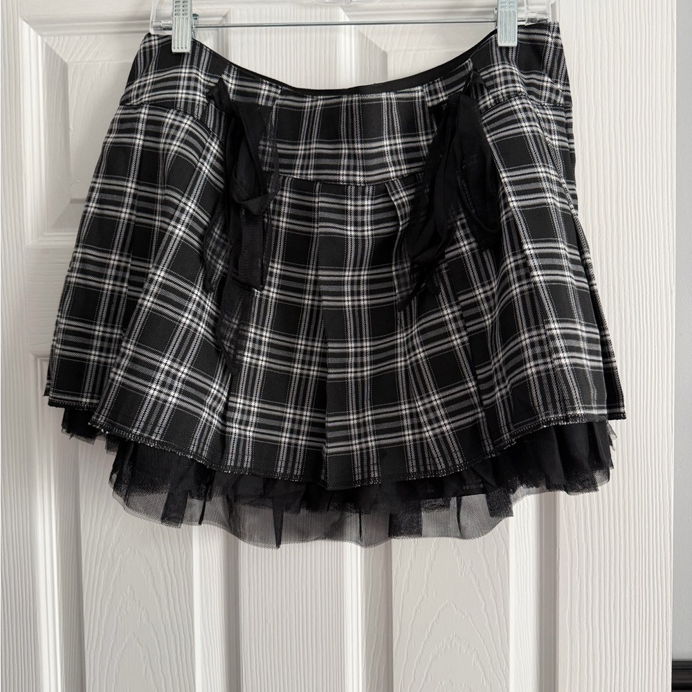 Current Mood Black & White Plaid Pleated Mini Skirt with Tulle